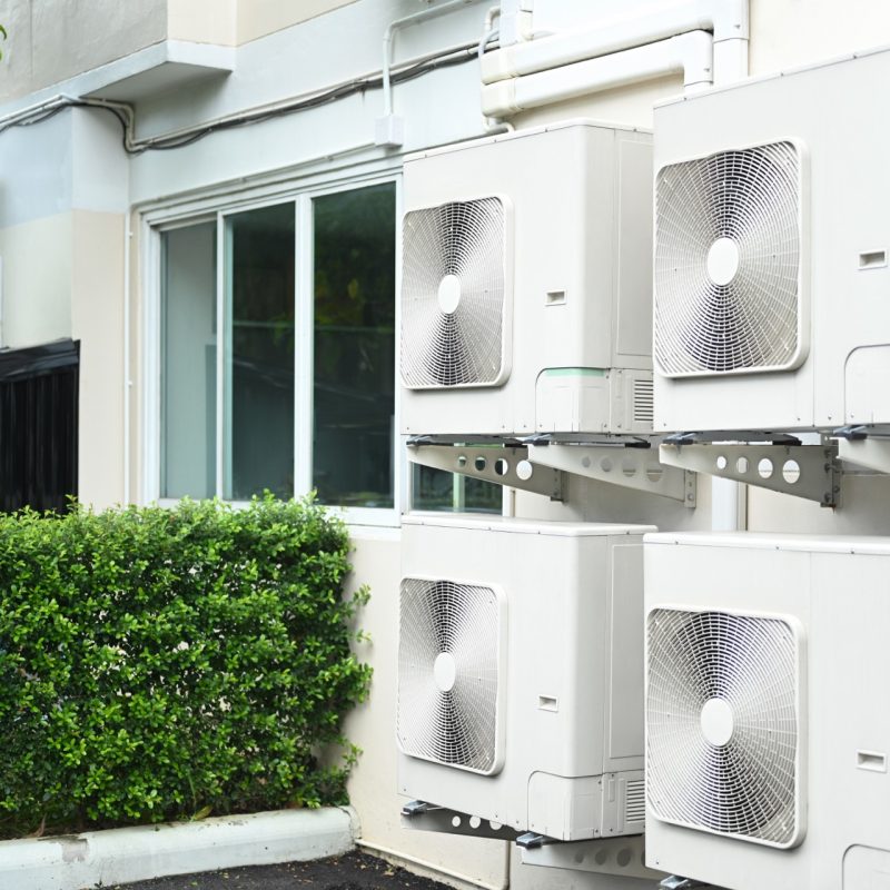 Air conditioning unit or compressor installed outside an apartment building