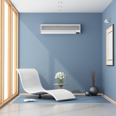 Little blue room with chaise lounge, air conditioner and large window - 3d rendering