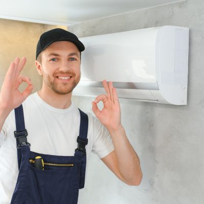 Happy Male Technician Repairing Air Conditioner